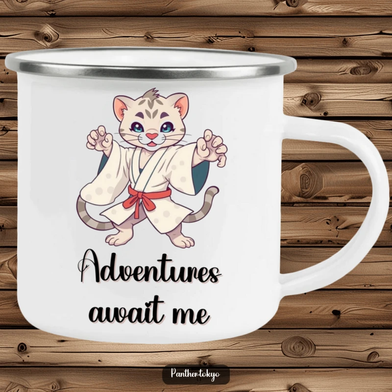 Funny kawaii panther in a kimono in a dynamic action pose, ready for camping adventures on a durable camping mug.