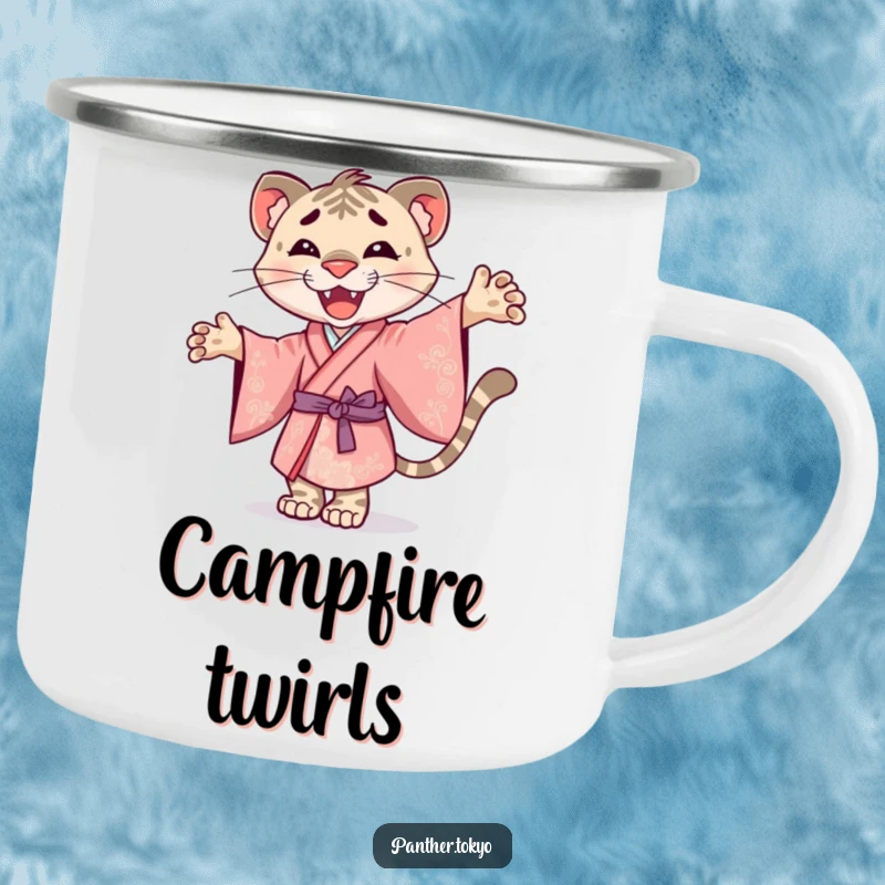 Funny camping mug with a smiley panther in an ornate kimono, joyfully twirling.