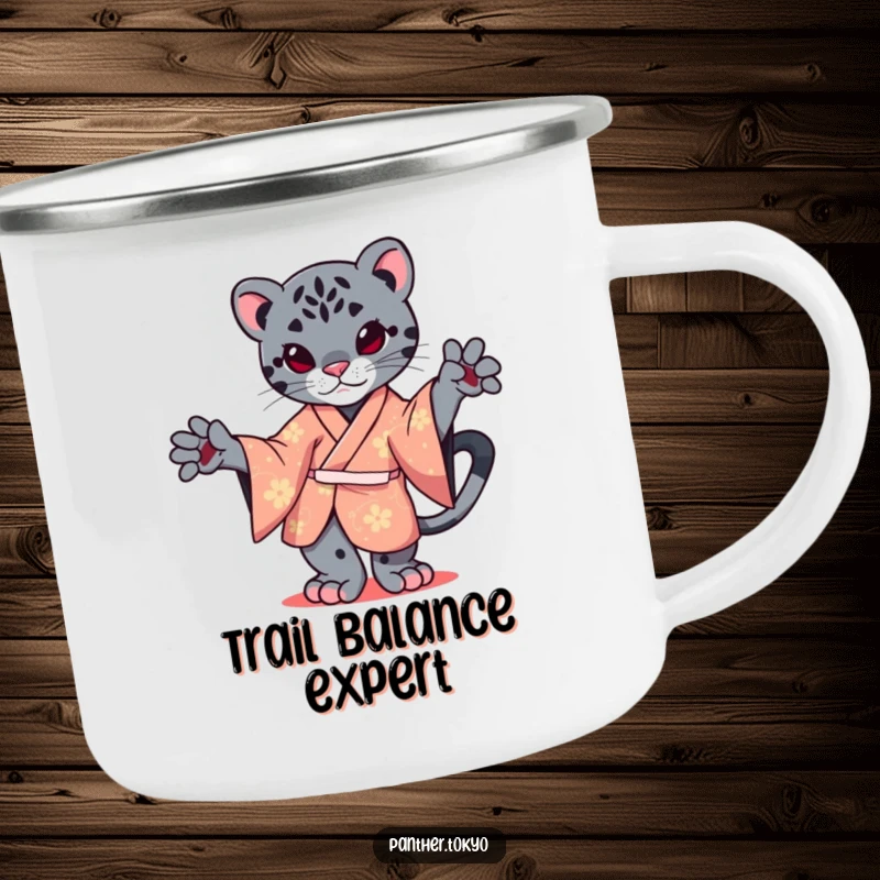 Funny camping mug with a kawaii panther in a kimono, gracefully balancing on one paw.