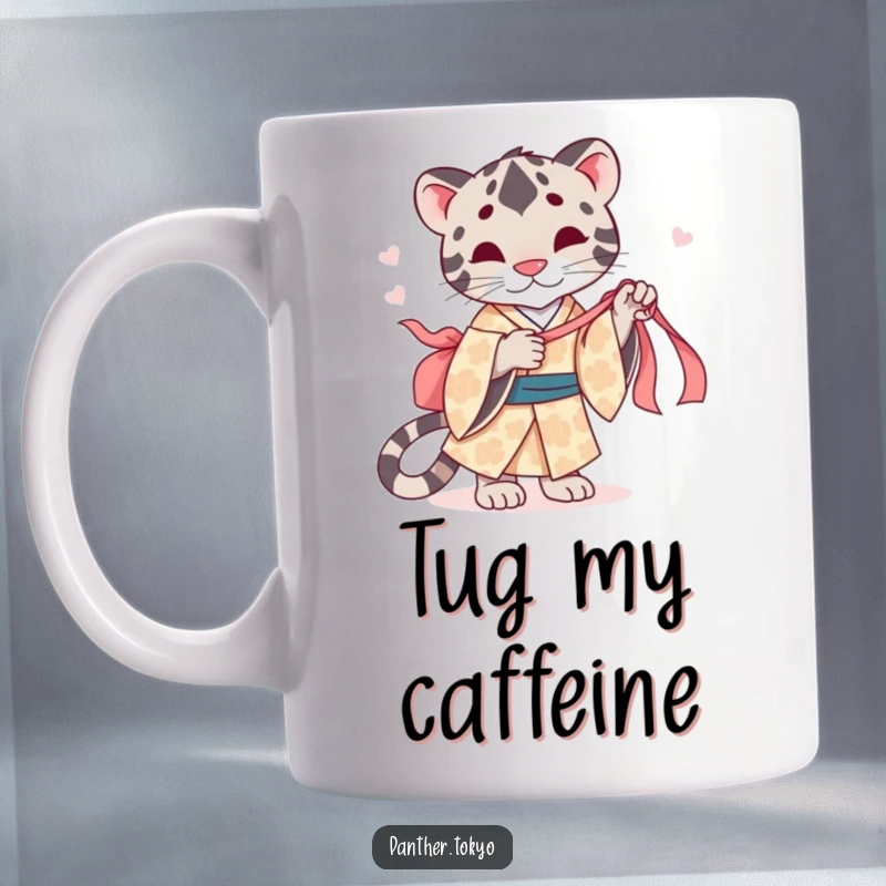 Funny mug featuring a cute panther in a patterned kimono, playfully tugging a silk ribbon with mischief.