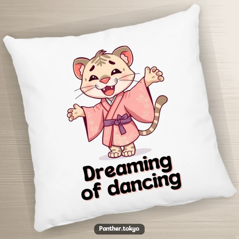 Funny pillow featuring a smiley panther in an ornate kimono, joyfully twirling with elegant charm.