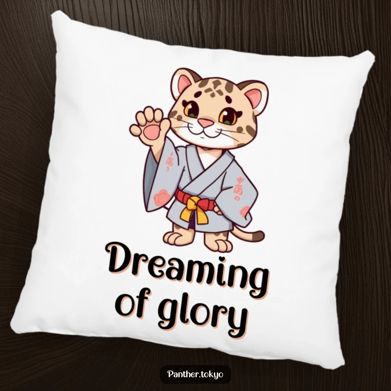 Funny proud panther in a ceremonial kimono with paw extended upwards, providing comfort and humor on a plush pillow.