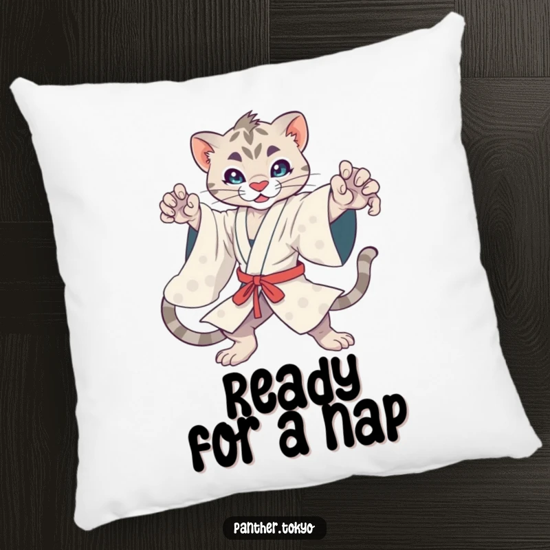 Funny kawaii panther in a dynamic action pose wearing a kimono, designed for comfort and humor on a plush pillow.