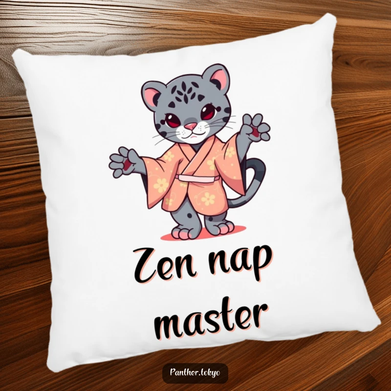 Funny pillow featuring a cute kawaii panther in a kimono, gracefully balancing on one paw.