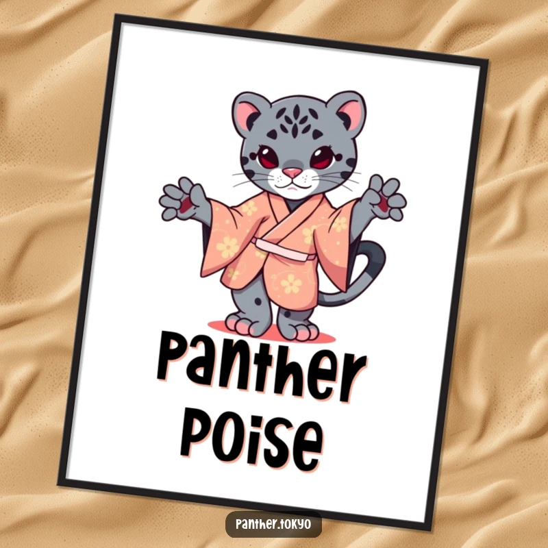 Funny digital art print of a kawaii panther in a kimono, gracefully balanced on one paw.
