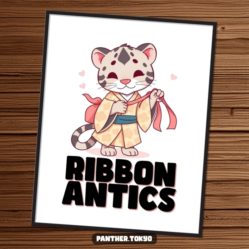 Funny digital art print of a cute panther in a patterned kimono, playfully tugging a silk ribbon.