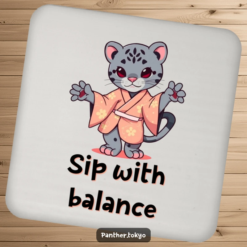 Funny drink coaster featuring a kawaii panther in a kimono, gracefully balancing on one paw.