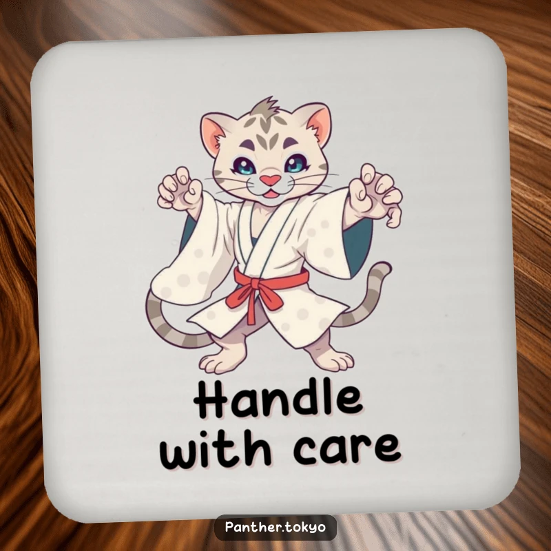 Funny kawaii panther in a kimono in a dynamic pose, guarding drinks on a stylish and humorous drink coaster.