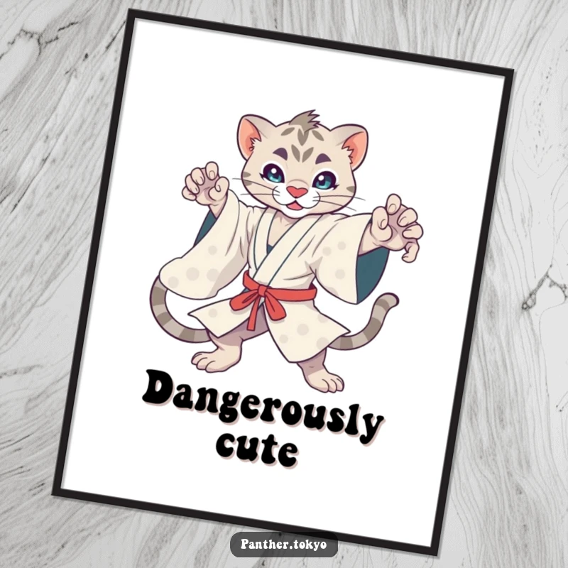 Funny kawaii panther in a kimono striking a dynamic martial arts pose, making a bold statement on a high-quality poster.