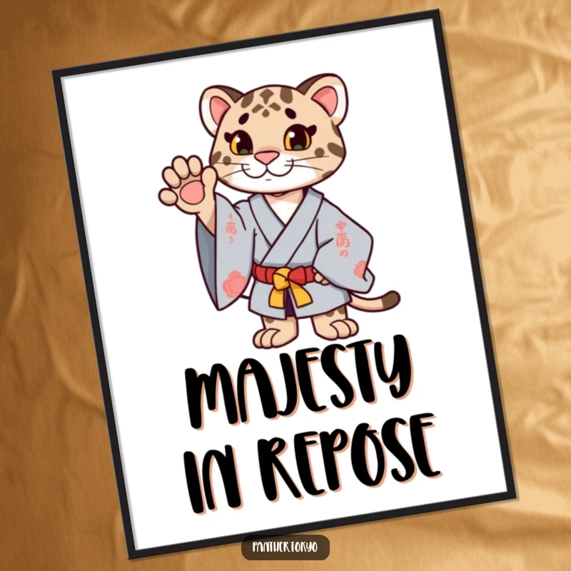 Funny proud panther in a ceremonial kimono with paw raised, creating an elegant and humorous wall art poster.