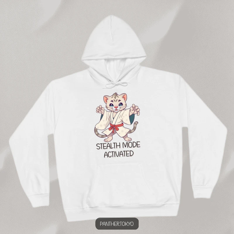 Funny kawaii panther in a detailed kimono in a dynamic action pose, exuding power and cuteness on a warm hoodie.