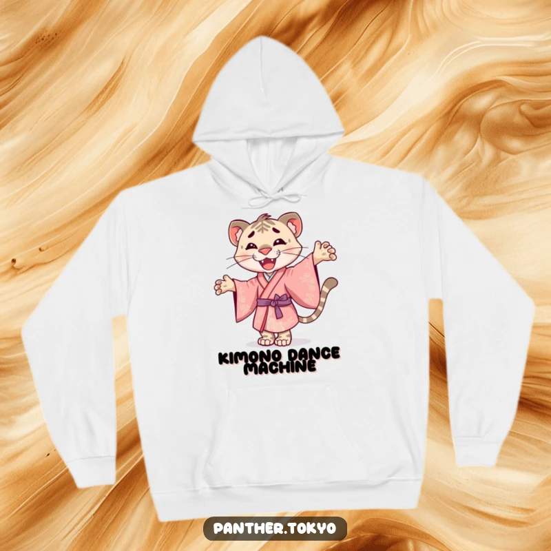Funny hoodie featuring a smiley panther in an ornate kimono, joyfully twirling with festive energy.