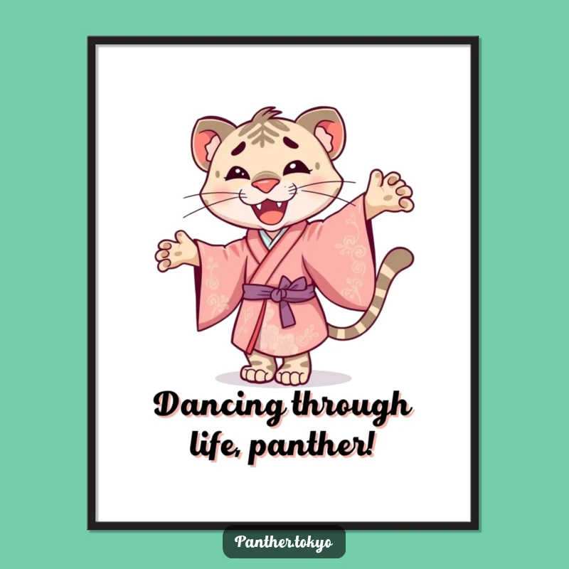 Free Printable Wall Art: Smiley Panther Kimono Twirling Joyful Feline Decor