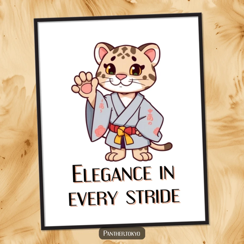 Funny Free Printable Wall Art: A proud panther in an ornate kimono extends a paw upwards with a dignified, regal air. Downloadable.