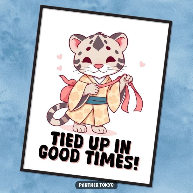 Funny Free Printable Wall Art: A cute panther in a patterned kimono playfully tugs at a flowing silk ribbon.