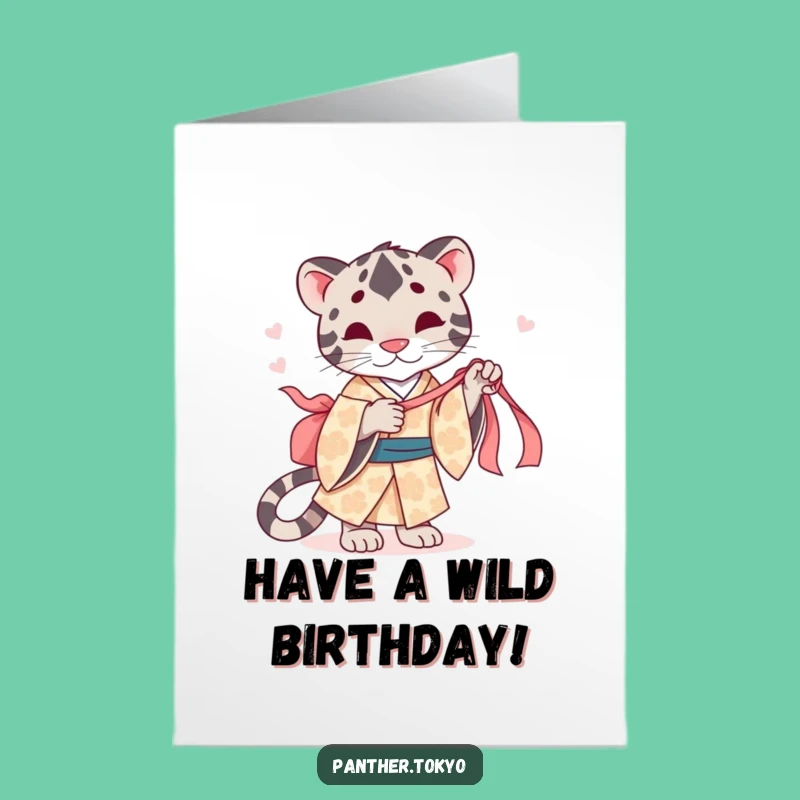 Free Printable Birthday Card: Cute Panther Kimono Tugging Ribbon Funny Birthday Card