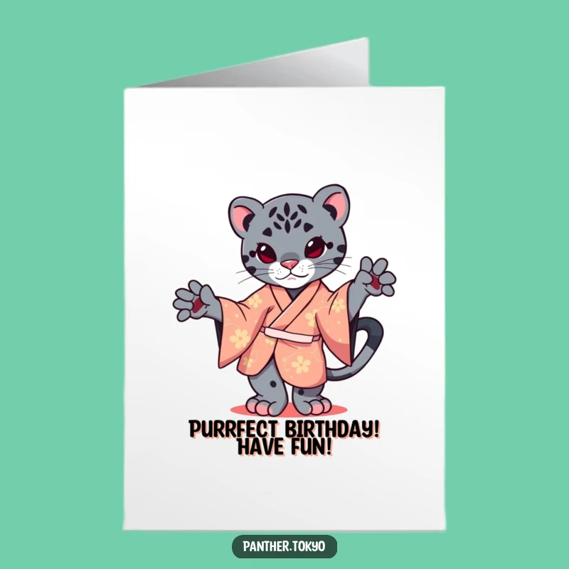 Free Printable Birthday Card: Kawaii Panther Kimono Balancing Funny Birthday Card
