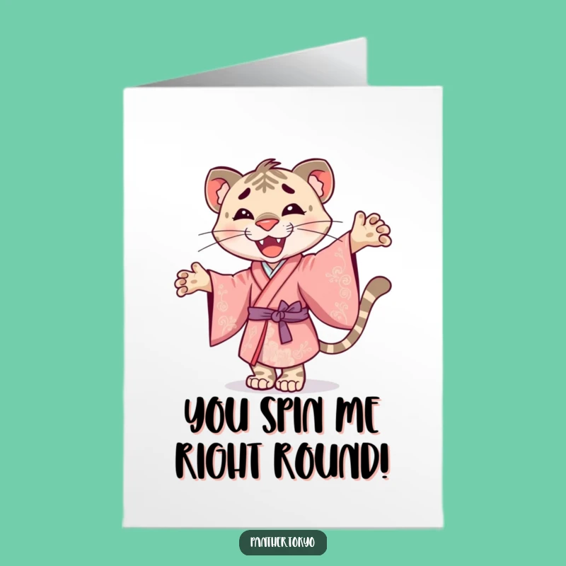 Free Printable Congrats Card: Smiley Panther Kimono Twirling Joyful Celebration Card