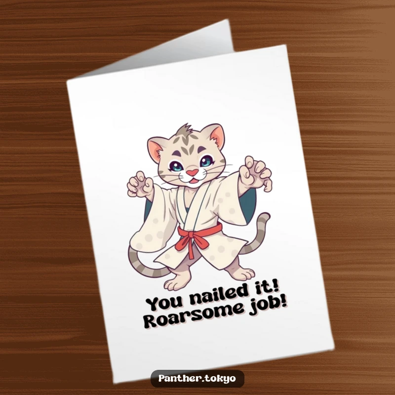 Funny Free Printable Congratulations Card: Kawaii panther in a sleek kimono celebrates with an energetic pose. A unique downloadable.