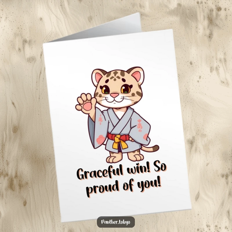 Funny Free Printable Congratulations Card: A proud panther in a formal kimono proudly raises a paw in celebration. Elegant downloadable.