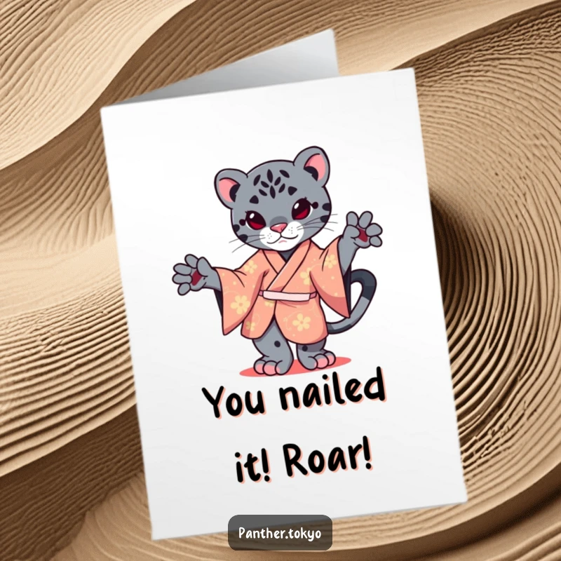 Funny Free Printable Congratulations Card: A cute panther in a colorful kimono perfectly balances on one paw to celebrate.