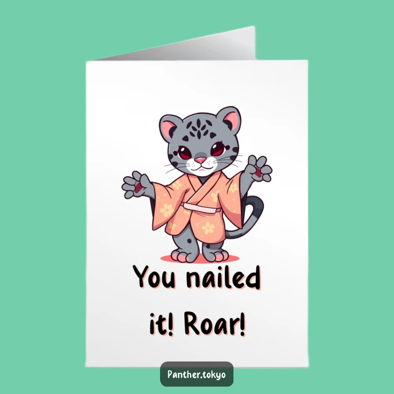 Free Printable Congrats Card: Kawaii Panther Kimono Balancing Funny Celebration Card