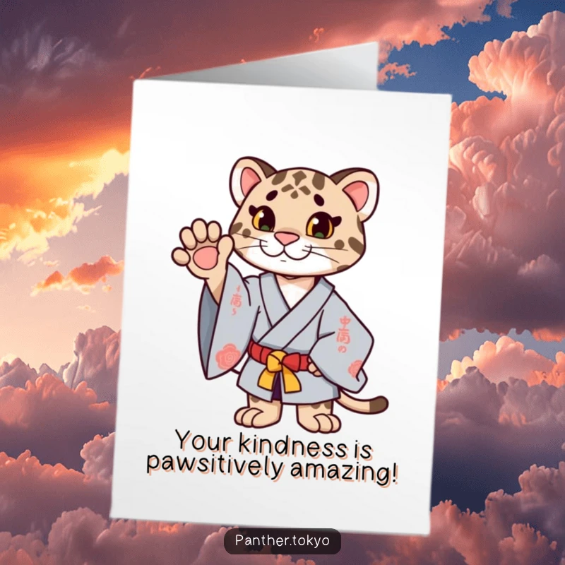 Funny Free Printable Thank You Card: A proud panther in a ceremonial kimono extends a paw upwards, conveying elegant gratitude. Downloadable.