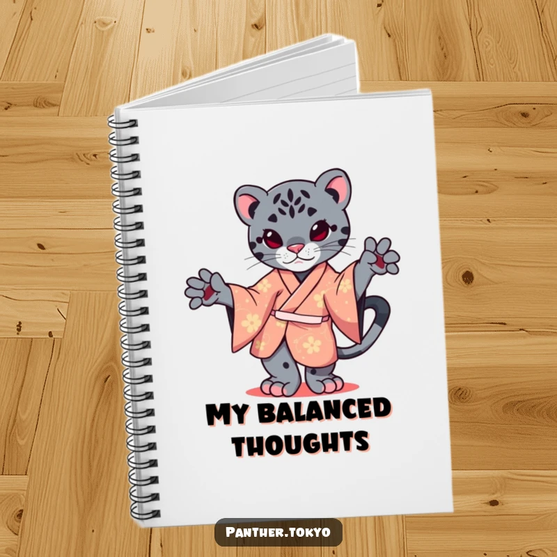 Funny notebook featuring a kawaii panther in a kimono, gracefully balancing on one paw.