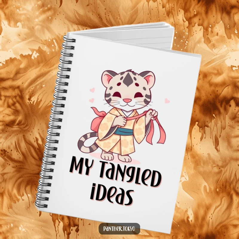 Funny notebook featuring a cute panther in a patterned kimono, playfully tugging a silk ribbon.