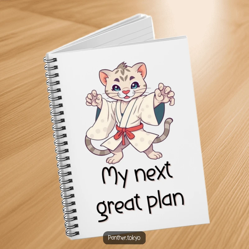 Funny kawaii panther in a kimono striking a dynamic pose, encouraging creative writing in this handy notebook.