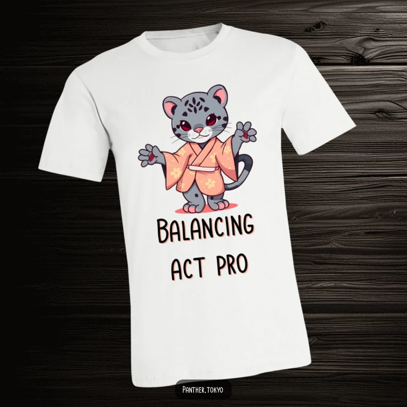 Funny t-shirt with a kawaii panther in a vibrant kimono, showcasing graceful one-paw balance with a smile.