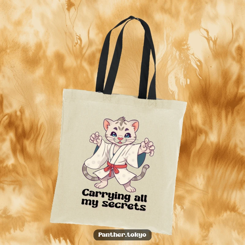 Funny kawaii panther in a flowing kimono in a dynamic action pose, perfect for shopping on a durable tote bag.