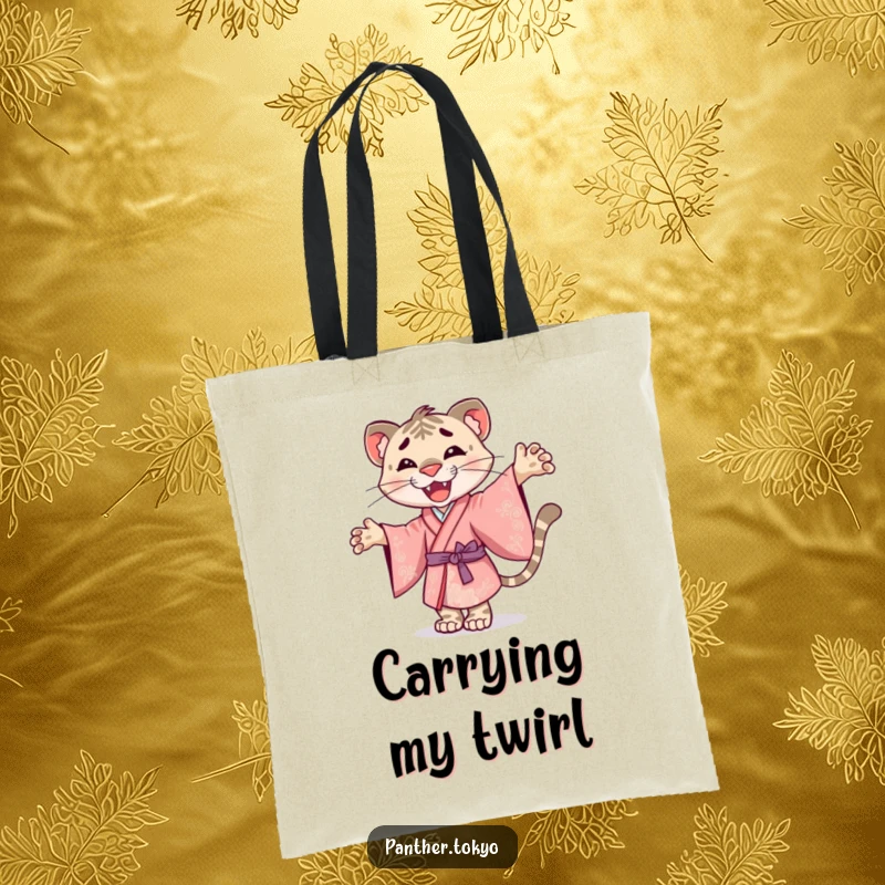 Funny tote bag with a smiley panther in an ornate kimono, joyfully twirling with elegant flair.