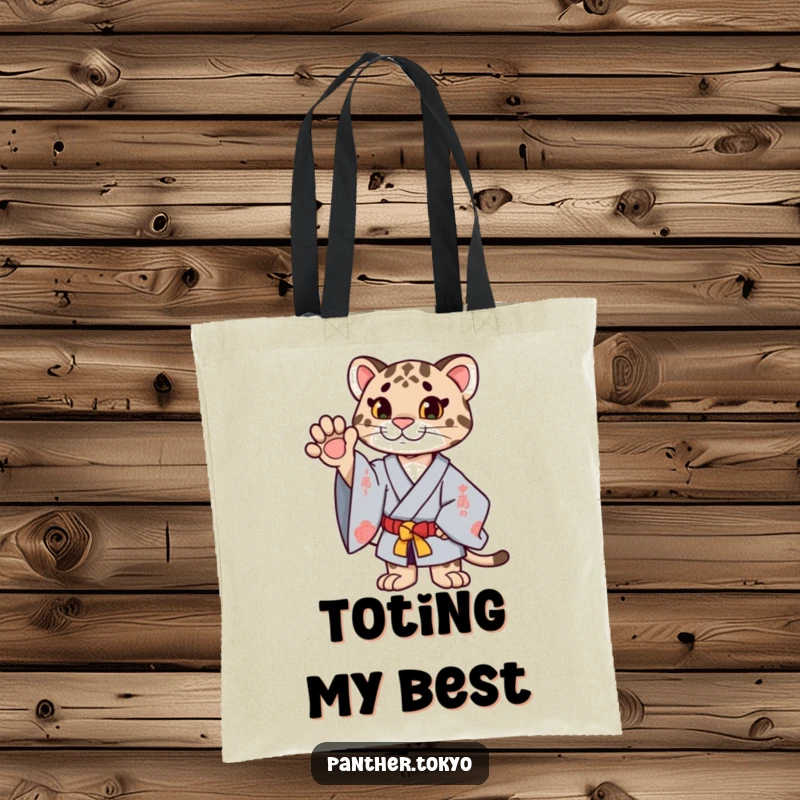 Funny proud panther in a ceremonial kimono extending a paw upwards, adding elegance to this durable tote bag.